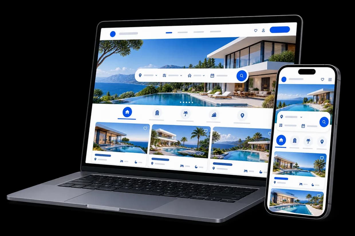 Sitio web público de una inmobiliaria, en escritorio y en teléfono